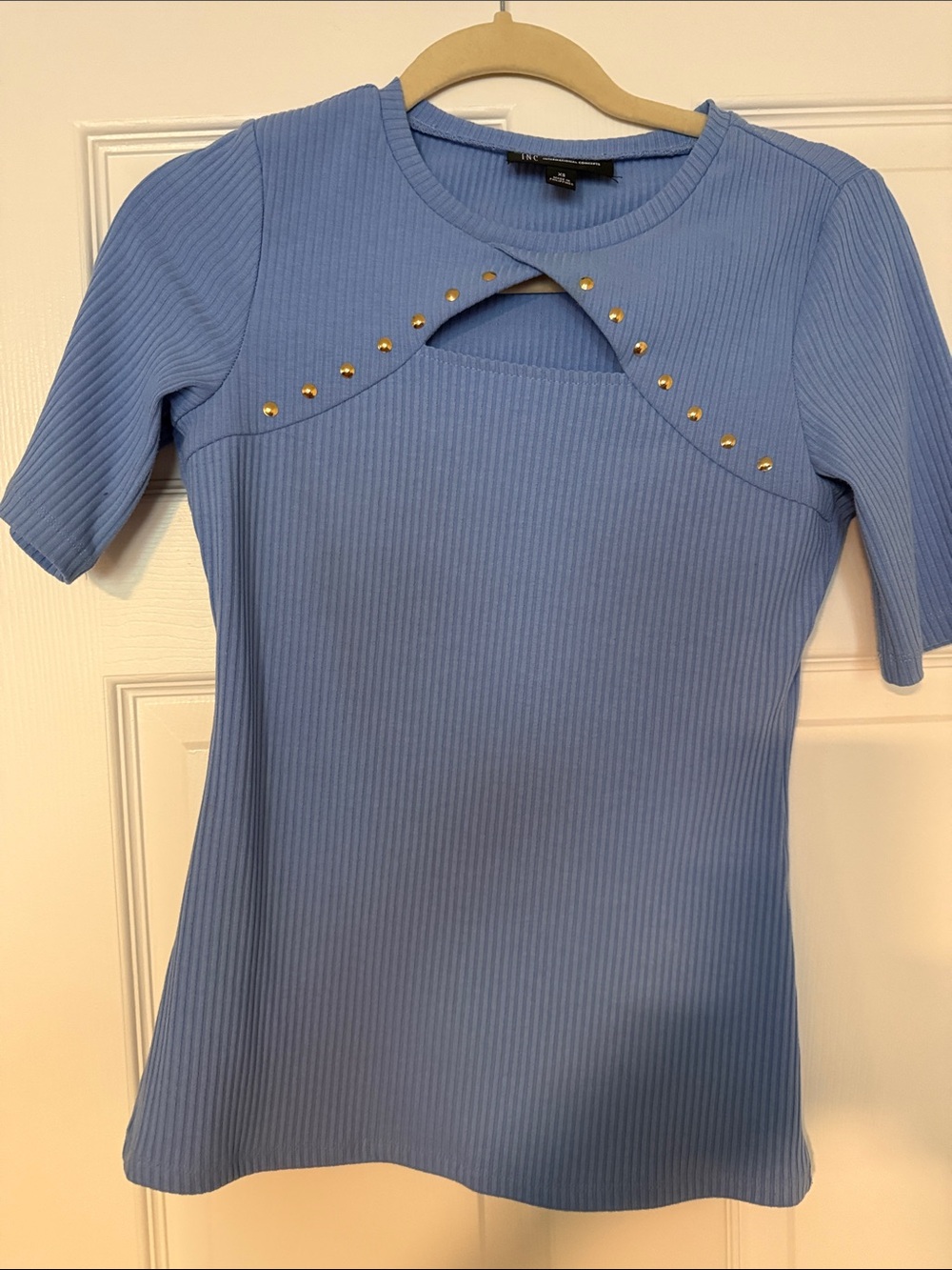 INC International Concepts Blue Ribbed Short-Sleeve Top with Gold Studs